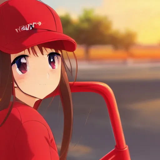 Prompt: close up of a high definition anime girl with a red cap in a red bike with the word \'rappi\' in it with armenia quindio in the background , Artwork by Makoto Shinkai, pixiv, 8k, official media, wallpaper, hd