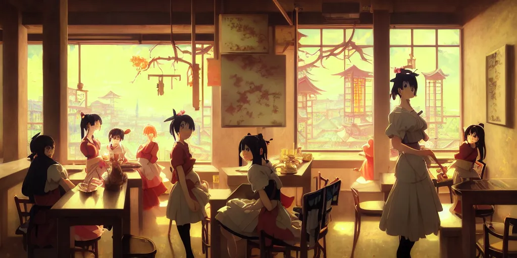 Image similar to baroque oil painting of key visual environment concept art of anime maid cafe in modern japan, brutalist, dark fantasy, rule of thirds golden ratio, fake detail, trending pixiv fanbox, acrylic palette knife, style of makoto shinkai studio ghibli genshin impact jamie wyeth james gilleard greg rutkowski chiho aoshima