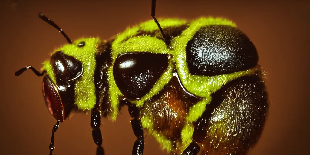 Prompt: a macro shot of a putrid rotting hornet, radioactive gew spewing from it, shallow depth of field