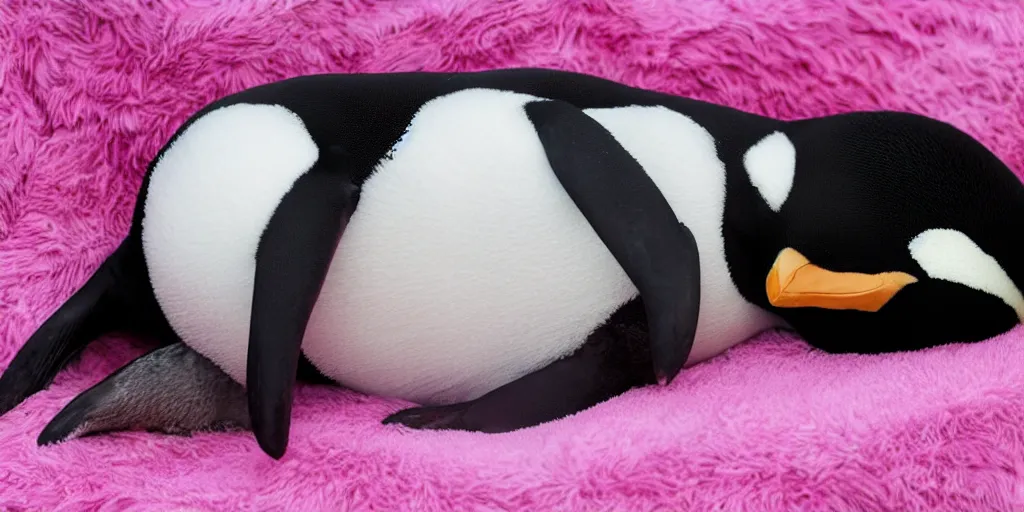 Image similar to realistic penguin sleeping in a pink fluffy bed