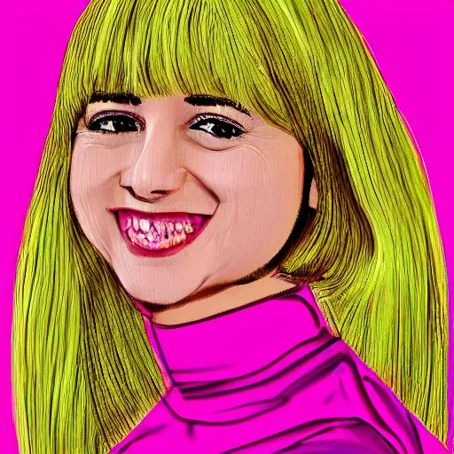 Image similar to digital art portrait of a happy woman with bangs and blonde hair wearing a pink dress