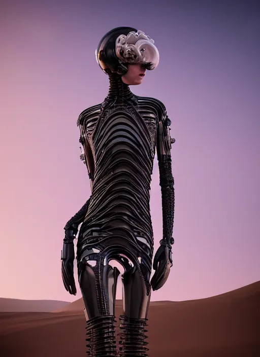 Image similar to desert, catwalk, iris van herpen gothic inflateble dark dress, perfect symmetrical body, helmet on face, full body shot, inflateble shapes, wires, tubes, veins, jellyfish, white biomechanical details, wearing epic bionic cyborg implants, masterpiece, intricate, biopunk, vogue, highly detailed, artstation, concept art, cyberpunk, octane render