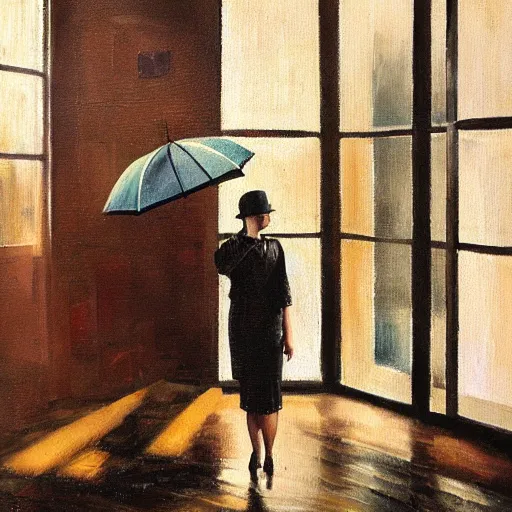 Image similar to oil painting of realistic woman, 1 9 3 0 s decopunk penthouse balcony, rain and smoke, dramatic lighting, tech noir, wet skin, atmospheric, ambient, rupert everton, wlop, george tooker, alexis flower, hopper, livia prima,