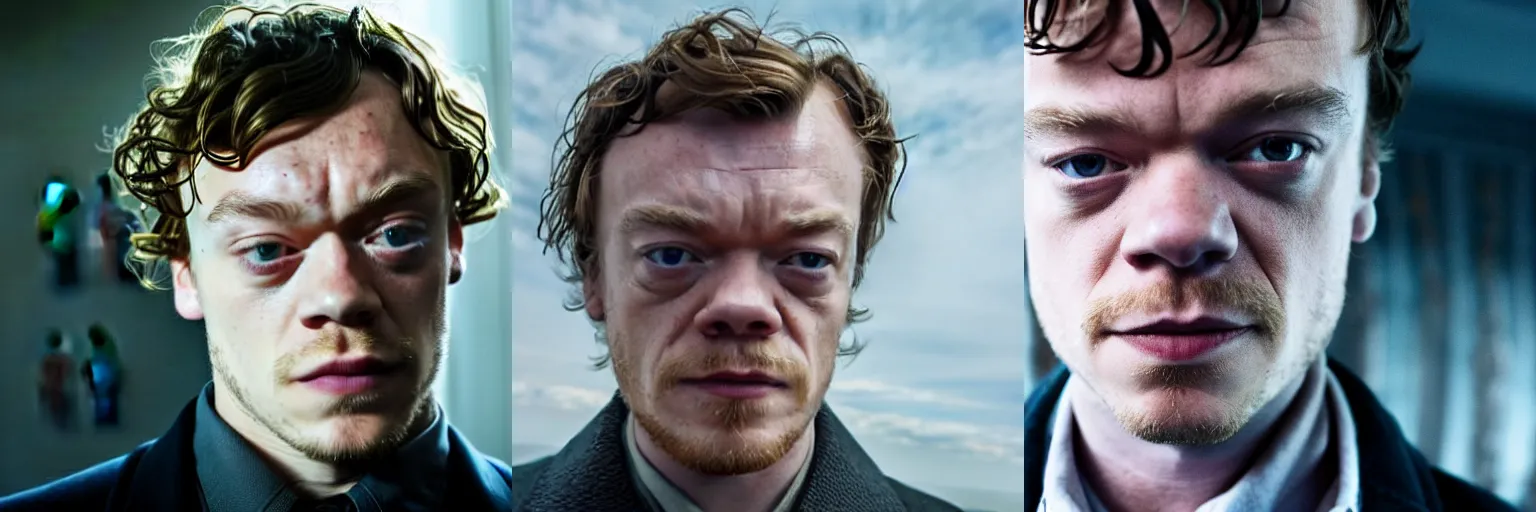 Prompt: close-up of Alfie Allen as a detective in a movie directed by Christopher Nolan, movie still frame, promotional image, imax 70 mm footage