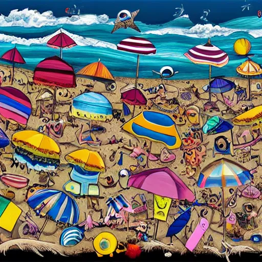 Prompt: a busy summer beach by tim burton