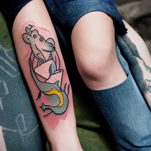 Image similar to tatoo skatch on girl's leg with cute rat reading newspapper sitting on mushroom