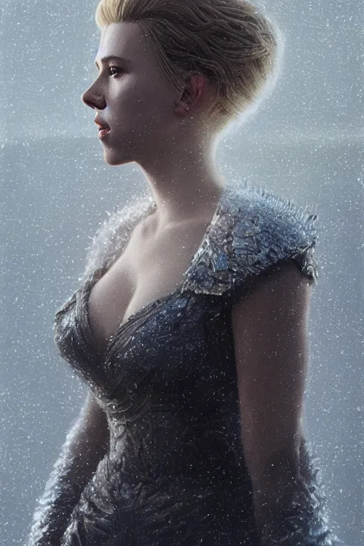 Image similar to a fancy portrait of Scarlett Johansson in crystal armour by Greg Rutkowski, Sung Choi, Mitchell Mohrhauser, Maciej Kuciara, Johnson Ting, Maxim Verehin, Peter Konig, final fantasy , mythical, 8k photorealistic, cinematic lighting, HD, high details, atmospheric,