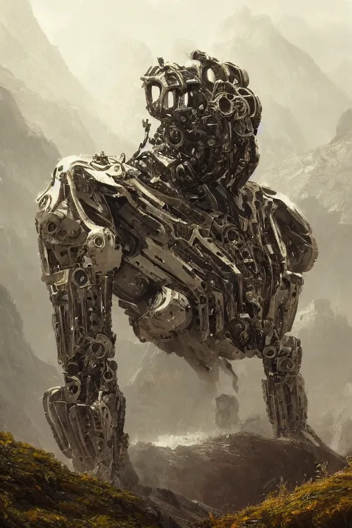 Image similar to a detailed portrait of a giant mechanical humanoid burryed in the mountains by Greg Rutkowski, Sung Choi, Mitchell Mohrhauser, Maciej Kuciara, Johnson Ting, Maxim Verehin, Peter Konig, final fantasy, Marco lense , 8k photorealistic, cinematic lighting, HD, high details, atmospheric , trending on artstation