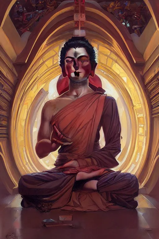 Image similar to temple, buddhism, futurism, painting by greg rutkowski, j. c. leyendecker, artgerm, donato giancola