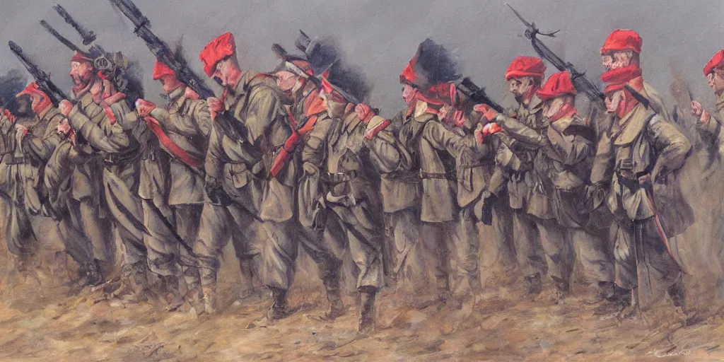 Prompt: detailed painting of blindfolded soldiers