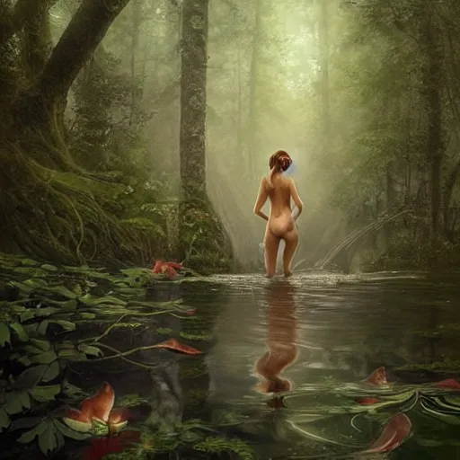 Image similar to forest nymph rising from the water. view from behind, wide angle view, back view. nuri iyem, james gurney, james jean, greg rutkowski, anato finnstark, davinci, emma watson, gigachad. trending on artstation, starlight, and enchanted dreams. instagram photo shoot, trending on pinterest, corrected hand, perfect hands