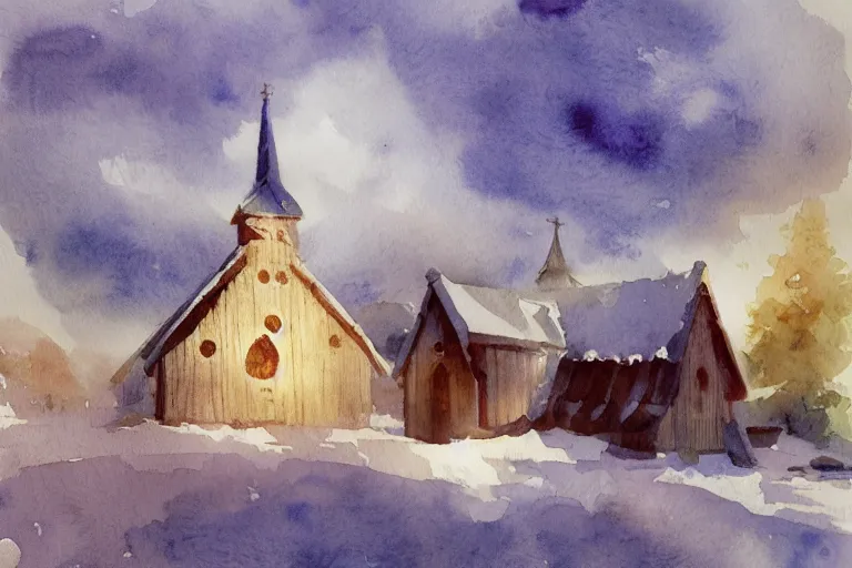 Image similar to small centered on watercolor paper, paint brush strokes, abstract watercolor painting of traditional scandinavian wooden church, medieval chapel at dawn, cinematic light, national romanticism by hans dahl, by jesper ejsing, by anders zorn, by greg rutkowski, by greg manchess, by tyler edlin