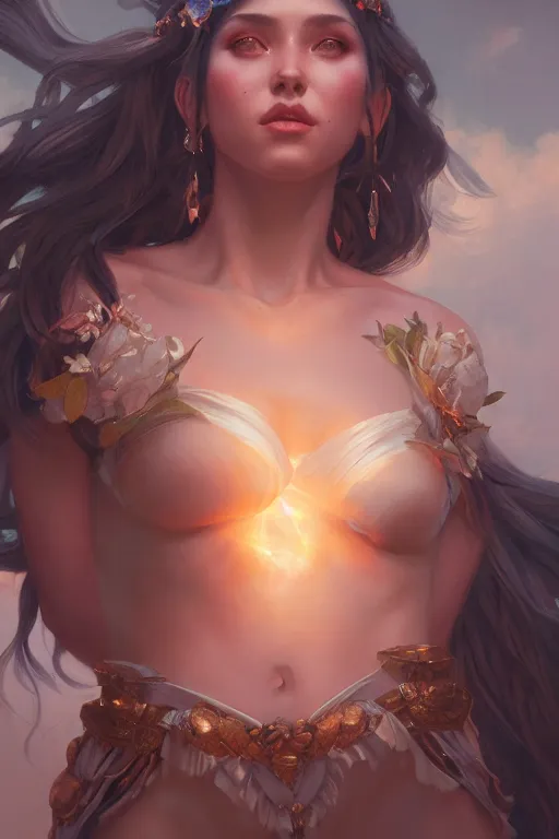 Prompt: goddess of the summer twilight, highly detailed, digital painting, artstation, concept art, smooth, sharp focus, illustration, unreal engine 5, 8 k, art by artgerm and greg rutkowski and edgar maxence