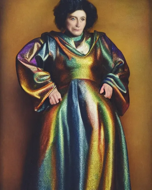 Prompt: a metallic multicolored woman in long robes, professional portrait