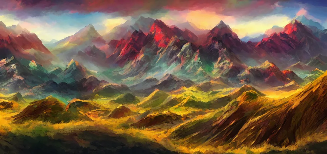 Image similar to vast mountain landscape, craggy mountains, magic the gathering, three - colors, three - color color palette, panoramic, wide angle, horizon, highly detailed