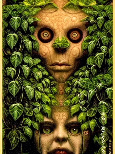 Prompt: The Hanging-Gardens of Pareidolia, ivy, verbena and pothos growing facial features and optical-illusions, aesthetic!!!!!!, by Gerald Brom in the style of Johfra Bosschart in the style of,