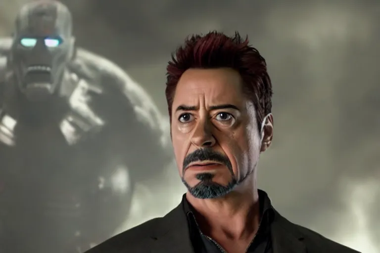 Image similar to film still of zombie Tony Stark in new avengers movie, 4k
