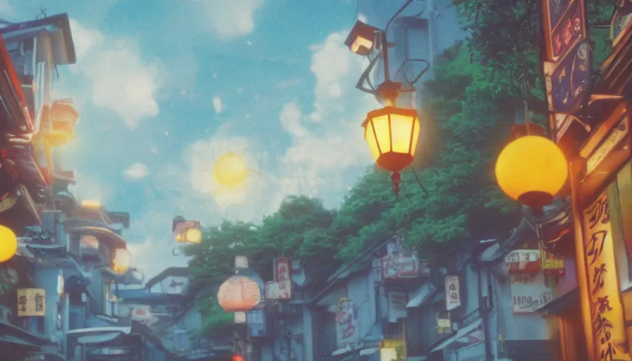 Prompt: A film still from a 1990s Sailor Moon cartoon tv show featuring a moody street in Japan with a waterfall and lanterns, lofi aesthetic, magical, golden hour, cinematic look, film grain, high detail, high resolution, 8k