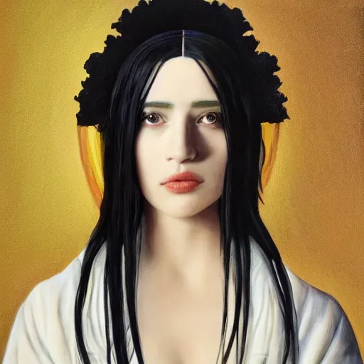 Image similar to a painting of a pale woman with black hair and a crown on her head standing in front of a statue, a screenshot by stanley twardowicz, cgsociety, aestheticism, aesthetic, vaporwave, anime aesthetic,