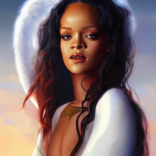 Image similar to a painting of rihanna like an angel, a young woman with long hair and a halo wearing a white top and beautiful dress, smiling in heaven, by jessica rossier