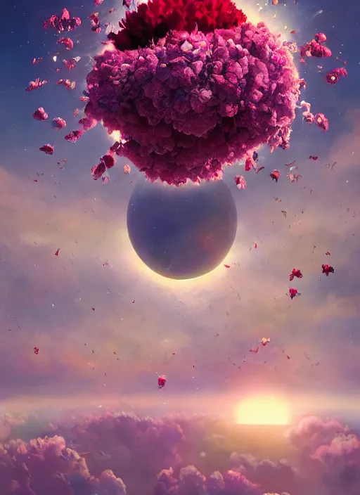 Image similar to An epic fantastic realism comic book style painting of the most beautiful flowers launched into space, bouquets, solar eclipse, fisheye, unreal 5, DAZ, hyperrealistic, octane render, dynamic lighting