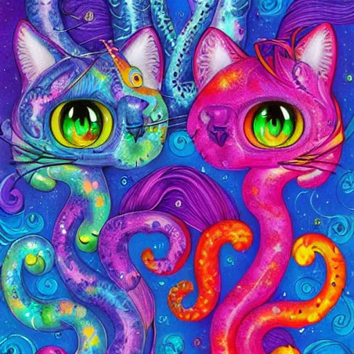 Prompt: cat seahorse shapeshifter, long haired humanoid fursona, detailed painterly digital art by lisa frank and louis wain, furaffinity, trending on deviantart