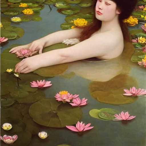 Image similar to a painting of a woman floating in a pond of water lillies, a photorealistic painting by liu jun, cgsociety, pre - raphaelitism, pre - raphaelite, deviantart, made of flowers