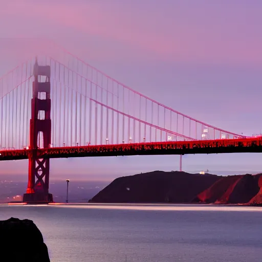 Image similar to a photo of a airplane flying under golden gate bridge at dusk