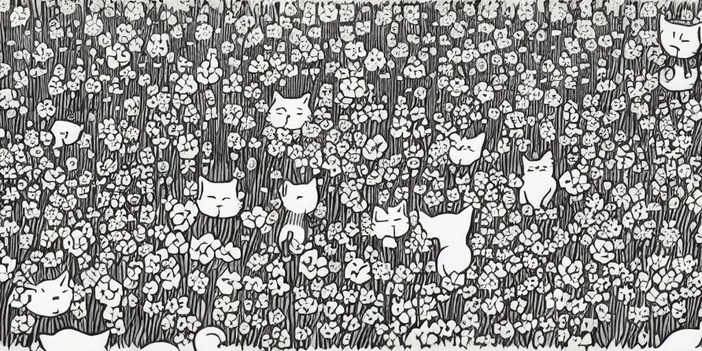 Prompt: group of kitten playing in a flower garden, art by mcbess