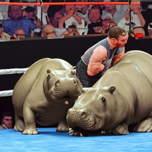 Image similar to Photorealistic hippos in a boxing match