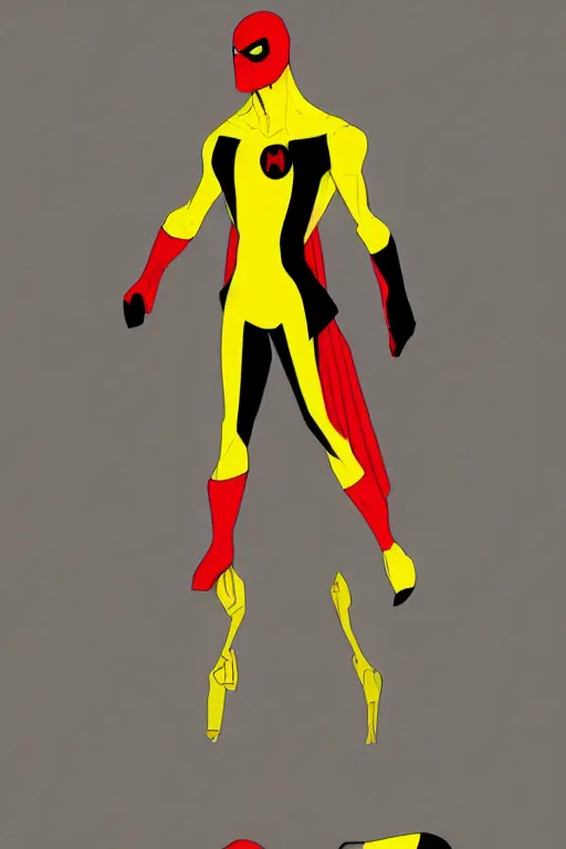 Image similar to a full body superhero concept he is wearing a yellow, red and black suit, concept art, trending on artstation, very detailed,