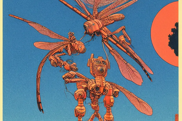 Image similar to gigantic dragonflies with human faces catch tiny robots, a lot of exotic mechas robots around, human heads everywhere, risograph by kawase hasui, dirtyrobot, edward hopper, satoshi kon and moebius, colorful flat surreal design, super - detailed, a lot of tiny details, fullshot