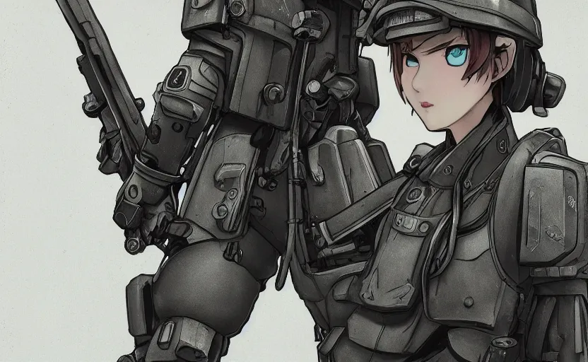 Image similar to bottom portrait of mechanized soldier girl, anime style, urban in background, soldier clothing, combat helmet, short hair, hair down, symmetrical facial features, from arknights, hyper realistic, 4 k, rule of thirds, extreme detail, detailed drawing, trending artstation, hd, d & d, realistic lighting, by alphonse mucha, greg rutkowski