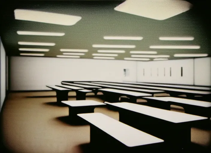 Image similar to polaroid photograph of a large white empty breakroom, retrofuturist liminal space, hundreds of old faux wood tables, crt tv mounted, trypophobia architecture, familiar place, clean, black mold, warm light, amateur, soft vintage glow, unreal engine, photorealistic, trending on artstation