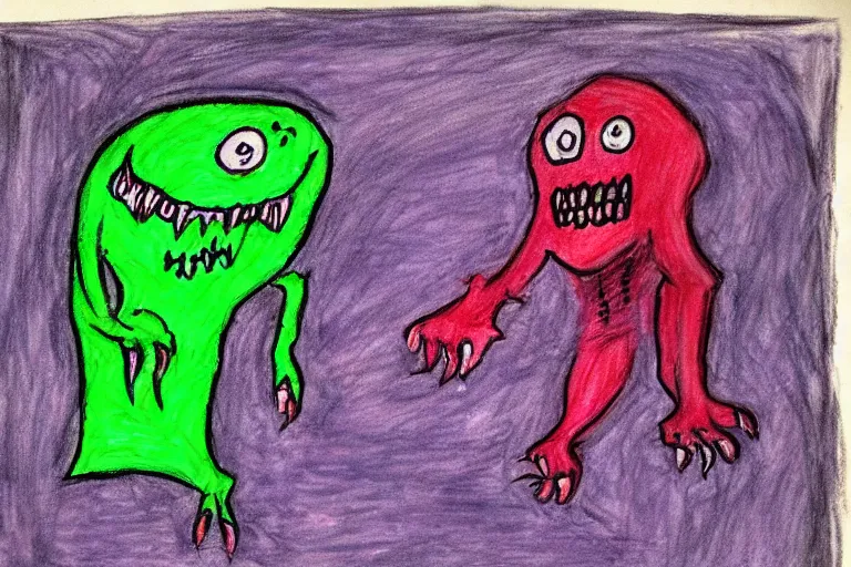 Image similar to a childs crayon drawing of the monster that lives under his bed, horror!!, terror!!!