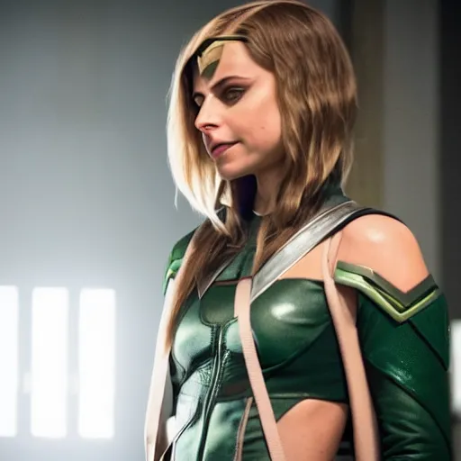 Image similar to film still of willa holland as an attractive female green arrow in the 2 0 1 7 film justice league, bleach blonde hair, focus - on - facial - details!!!!!!!!!!!!, minimal bodycon feminine costume, dramatic cinematic lighting, front - facing perspective, promotional art