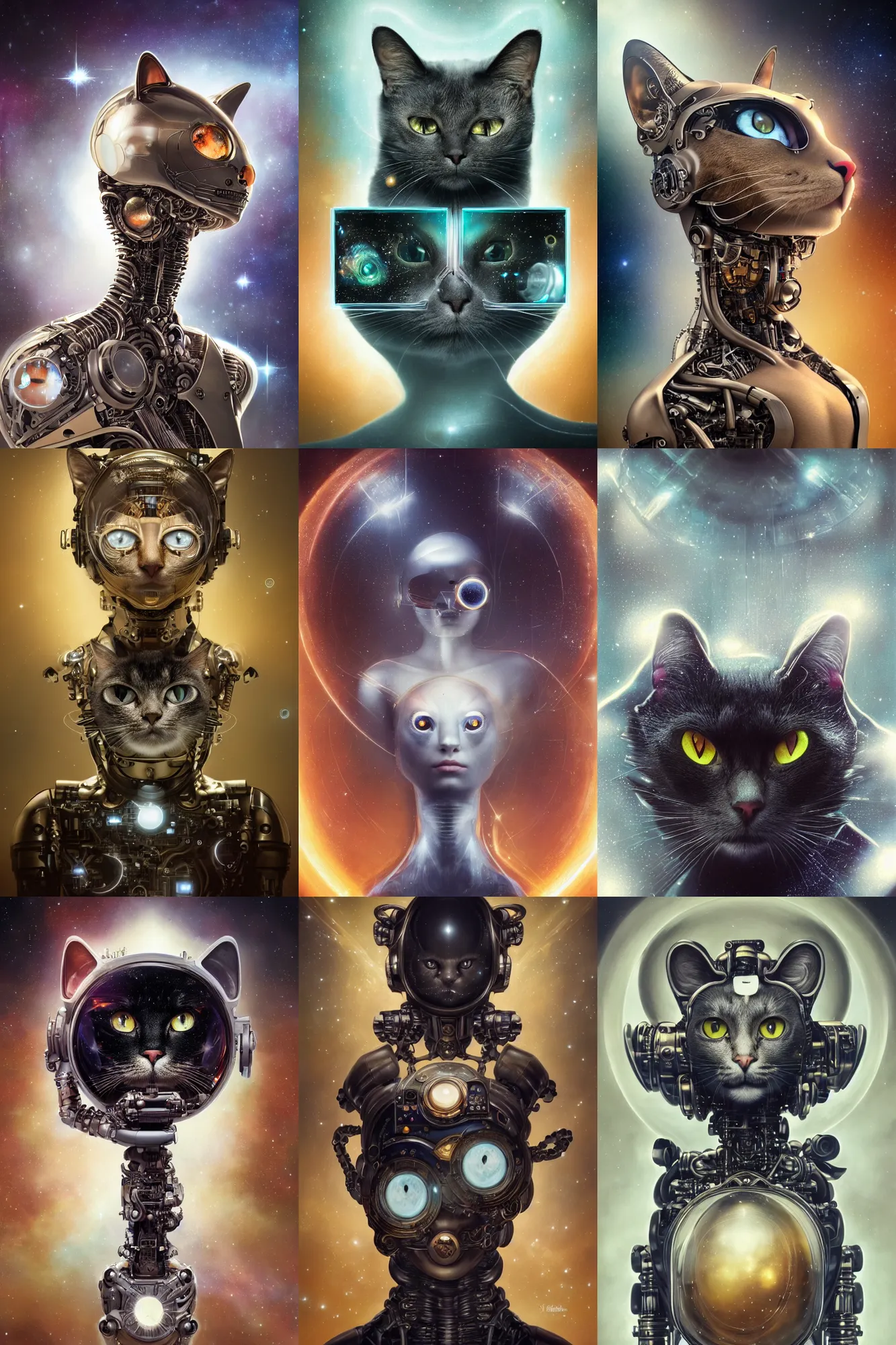 Prompt: a beautiful ultradetailed fine art photo of a futuristic cybernetic cyborg cat against galactic space, by tom bagshaw and natalie shau, portrait, 3 5 mm lens, golden ratio composition, detailed face, studio photography, very detailed, deep depth of field, humanoids, industrial robotic cats, artstation, 8 k, highly coherent