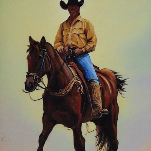 Image similar to a painting of a cowboy on horseback by mark maggiori