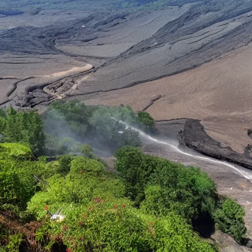 Prompt: a panoramic landscape with a stream of lava flowing down the valley. From the hills many KFC buckets on sticks are poking out on different angles