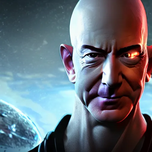 Prompt: evil looking jeff bezos as a villain with a futuristic armor with an amazon logo, hyper realistic, art station, octane render