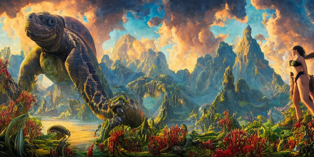 Image similar to fantasy oil painting, great leviathan, cybernetic turtle cephalopod terrapin reptilian pachyderm squid, bella hadid, hybrid, milla jovovich, anubis, epic natural light, lush plants flowers, spectacular mountains, bright clouds, luminous sky, outer worlds, golden hour, michael cheval, edward hopper, michael whelan, vray, hd