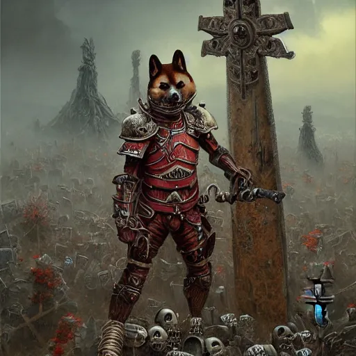 Prompt: anthropomorphic shiba inu, red metal skullknight armor, standing, graveyard of skulls tombs crosses, fantasy 3 d render, masterpiece, light aura, by donato giancola and greg rutkowski and wayne barlow and zdzisław beksinski, shiba inu realistic face