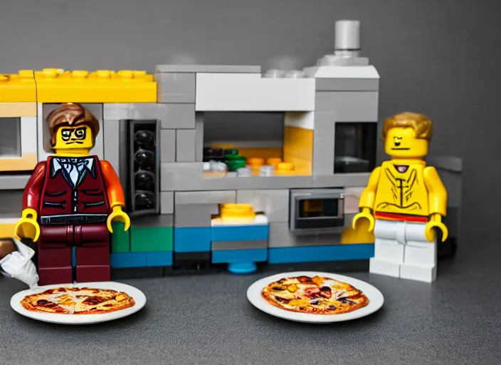 Prompt: product photo still of walter white throws pizza on the roof of house lego set, 8 k, 1 2 0 mm macro, f 1. 8, studio lighting, key light