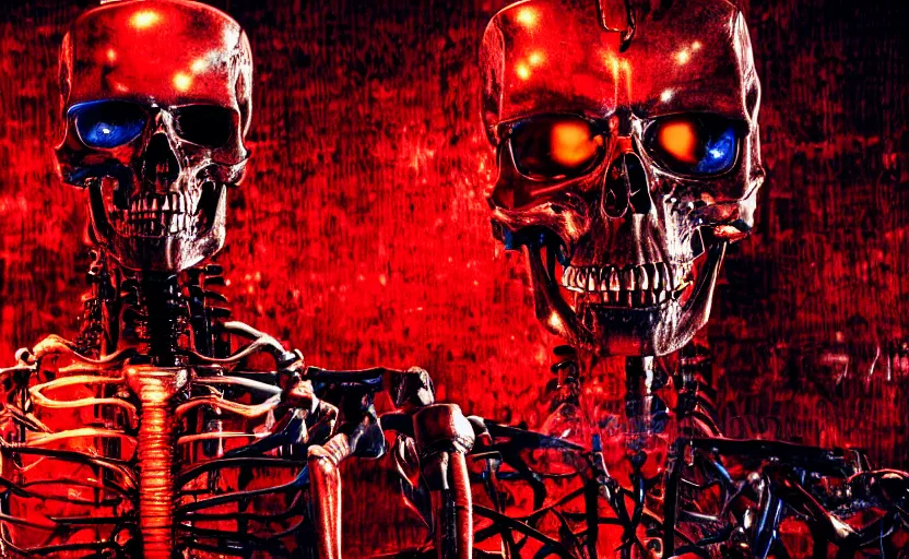 Image similar to terminator skeleton, skynet servers on background. extreme long shot, high detail, low saturated red and blue light, cinematic colors
