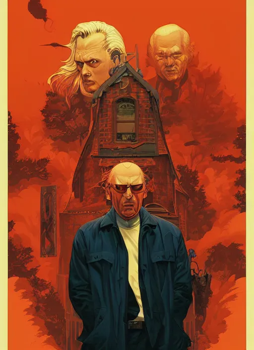 Image similar to poster artwork by Michael Whelan and Tomer Hanuka, Karol Bak of Quentin Tarantino the local video store kerk, from scene from Twin Peaks, clean, simple illustration, nostalgic, domestic, full of details