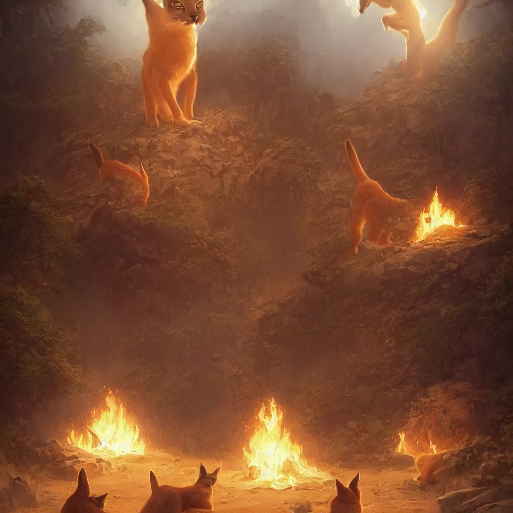 Image similar to many cute fluffy caracals, fire, magic, symmetric, fantasy epic legends stylized digital illustration radiating a glowing aura global illumination ray tracing hdr fanart arstation, 8 k, art by greg rutkowski