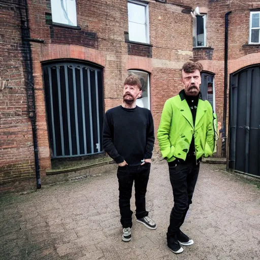 Image similar to sleaford mods shouting at their noisy neighbour, wide angle, gritty