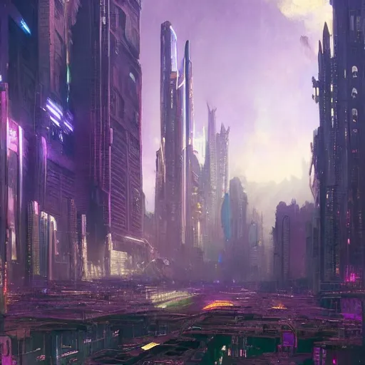 Prompt: A beautiful landscape of a cyberpunk metropolis with giant buildings, and realistic vegetation Giant Psychedelic purple and steel in the space by Mikhail Larionov, greg rutkowski, Monsù Desiderio, George Inness, Henriette Grindat Trending on artstation and SF