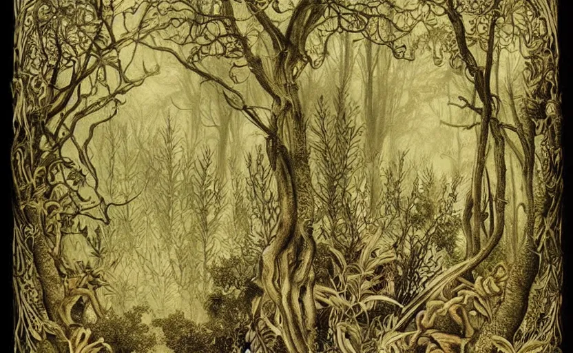 Prompt: mysterious forest by ernst haeckel, very beautiful, dreamy, poetic, melancholy:: pyrography