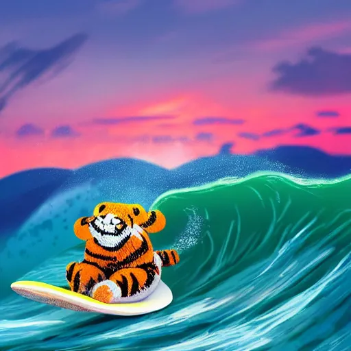 Image similar to a closeup photorealistic photograph of a cute smiling knitted tiger hippopotamus riding a large wave at sunset. surf in background. professional capture. brightly lit scene. this 4 k hd image is trending on artstation, featured on behance, well - rendered, extra crisp, features intricate detail, epic composition and the style of unreal engine.